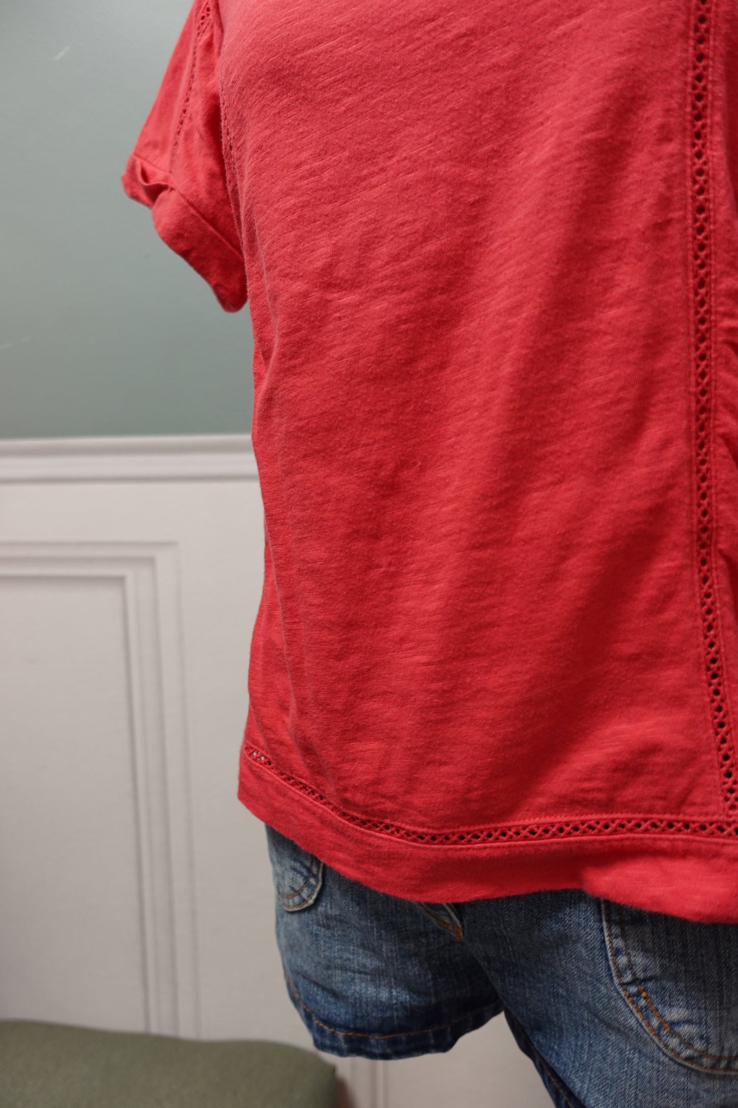 T-shirt Rouge Corail Comptoir des Cotonniers – Détails Dentelle Échelle (Taille S)