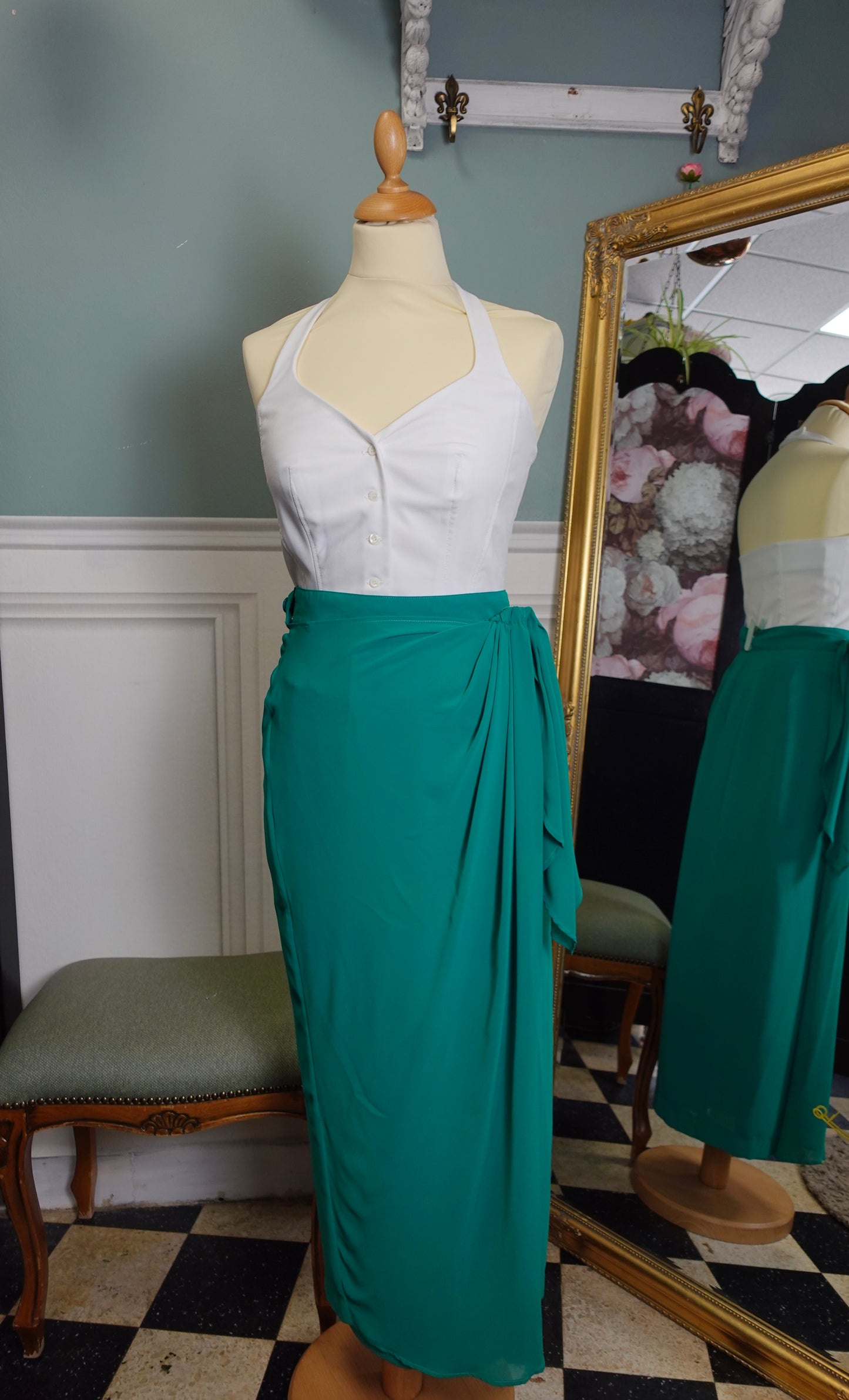Jupe longue drapée Christian Mares Paris vert émeraude – Vintage