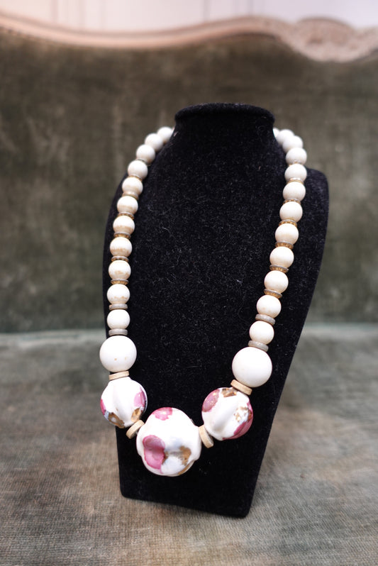 Collier Vintage Romantique - Perles Porcelaine Peintes Main - Roses & Dorure
