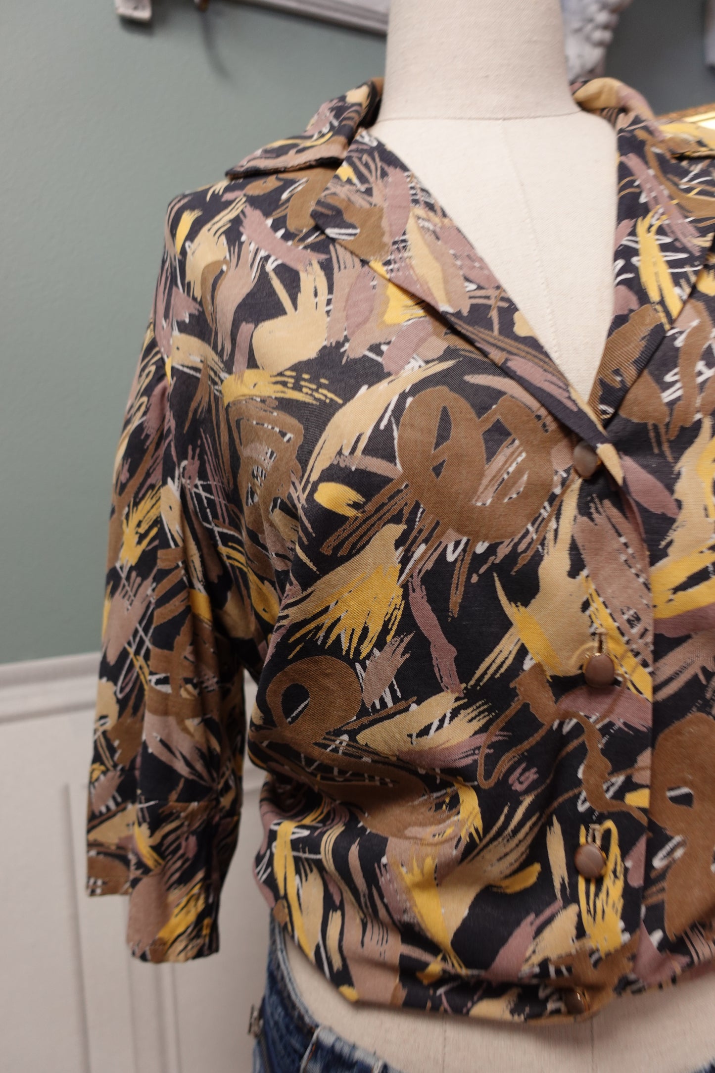 Chemise Vintage Fait Main Imprimé Arty Marron & Jaune – 100% Coton