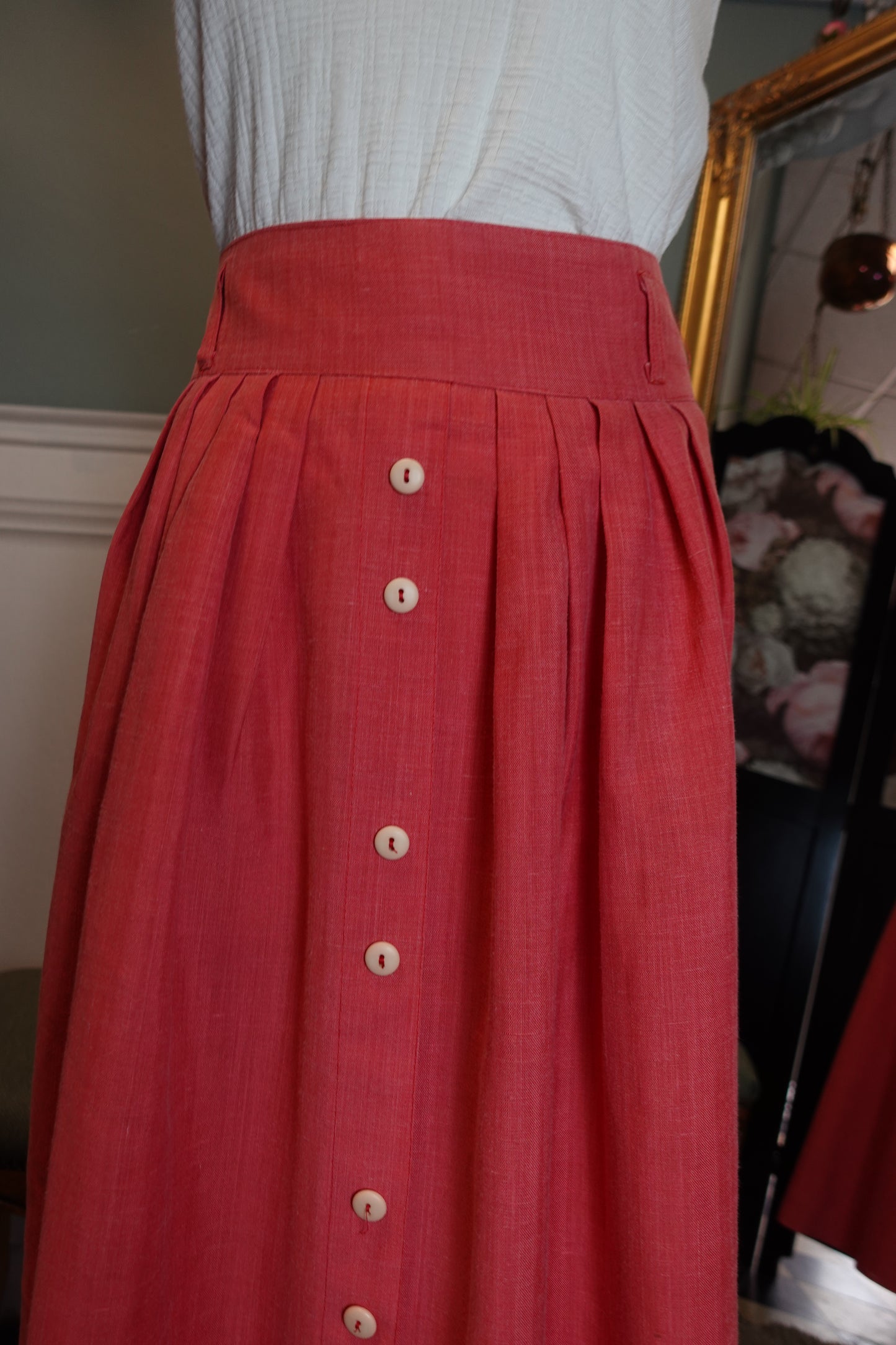 Jupe vintage rose taille haute en lin mélangé