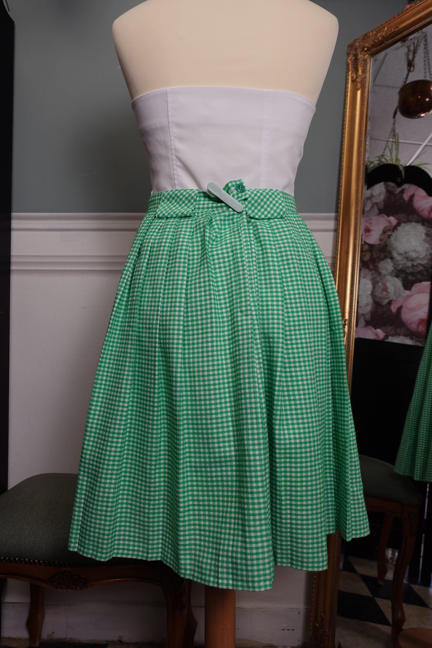 Jupe patineuse vintage verte à motif pied-de-poule – Fabriquée en France