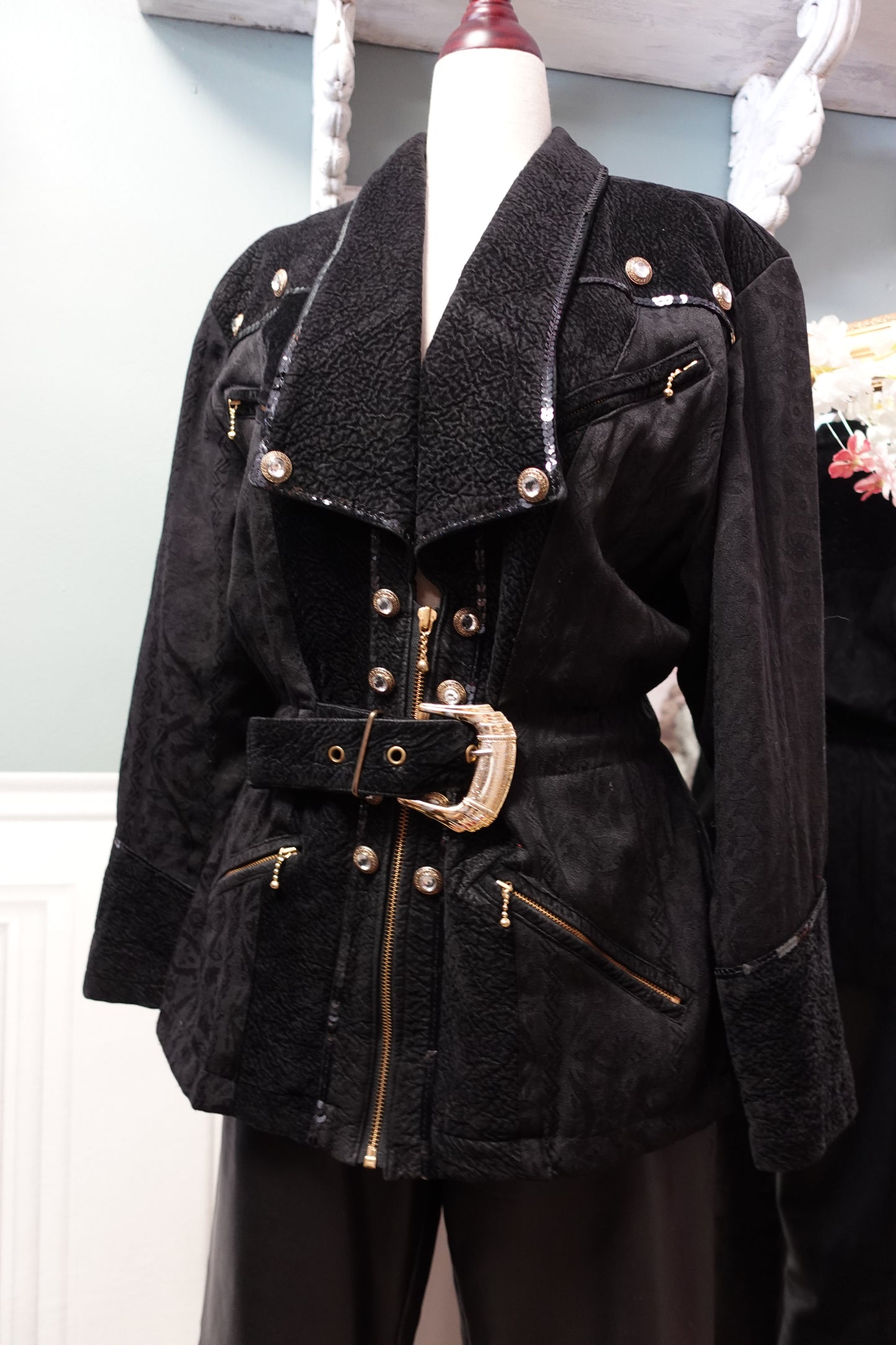 Veste Blazer Longue "Midnight" à Sequins et Ceinture — Pièce d'Archive Rétro