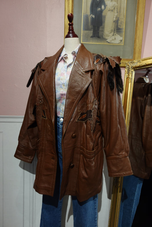 Veste Longue en Cuir Vintage 80s - Patchwork Floral & Manches Bouffantes