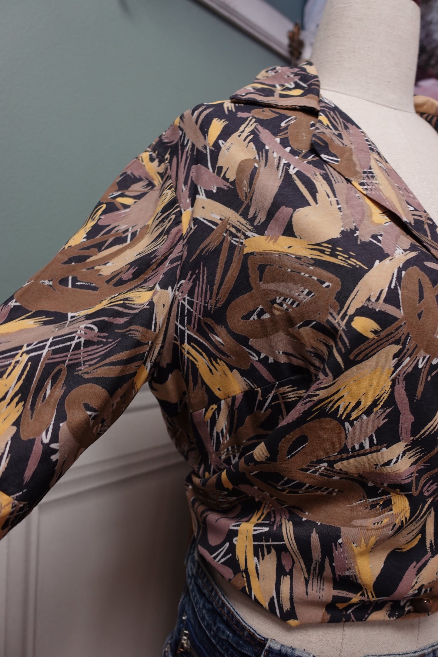 Chemise Vintage Fait Main Imprimé Arty Marron & Jaune – 100% Coton