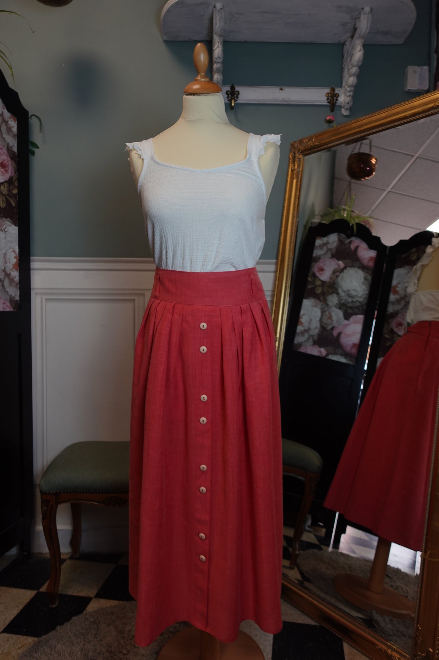 Jupe vintage rose taille haute en lin mélangé