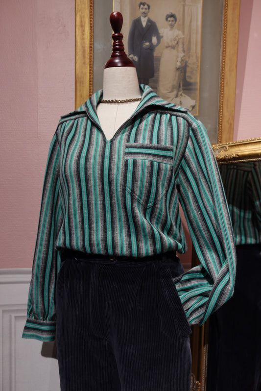 Blouse Vintage à Rayures & Col Pointe - Touche Angora - Vert & Gris (36-40)