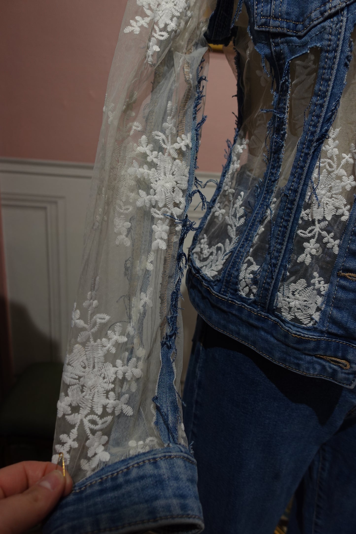 Veste en Jean & Dentelle Vintage - Jeux de Transparence - Taille S