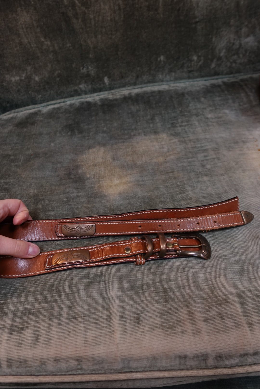 Ceinture Vintage Western en Cuir Marron - Motifs Aigles - Made in France (T.95)
