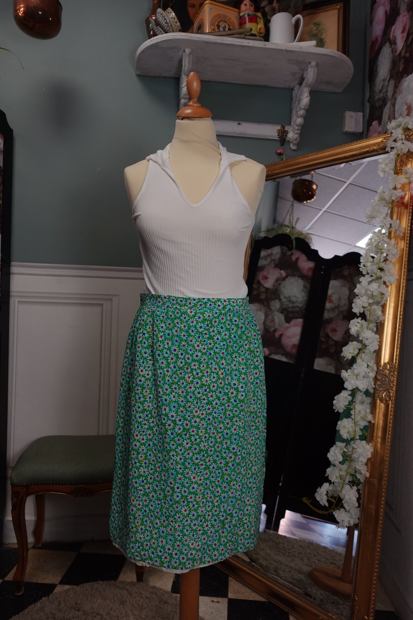 Jupe vintage verte à fleurs – Mi-longue doublée