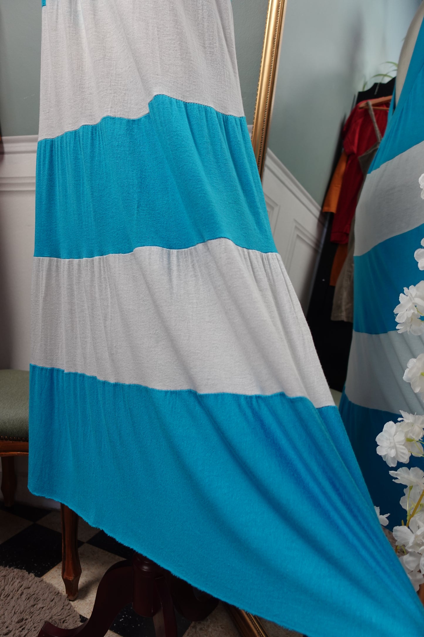 Robe de Plage Vintage Rayée Bleu & Blanc – Fluide & Extensible (Grande Taille)