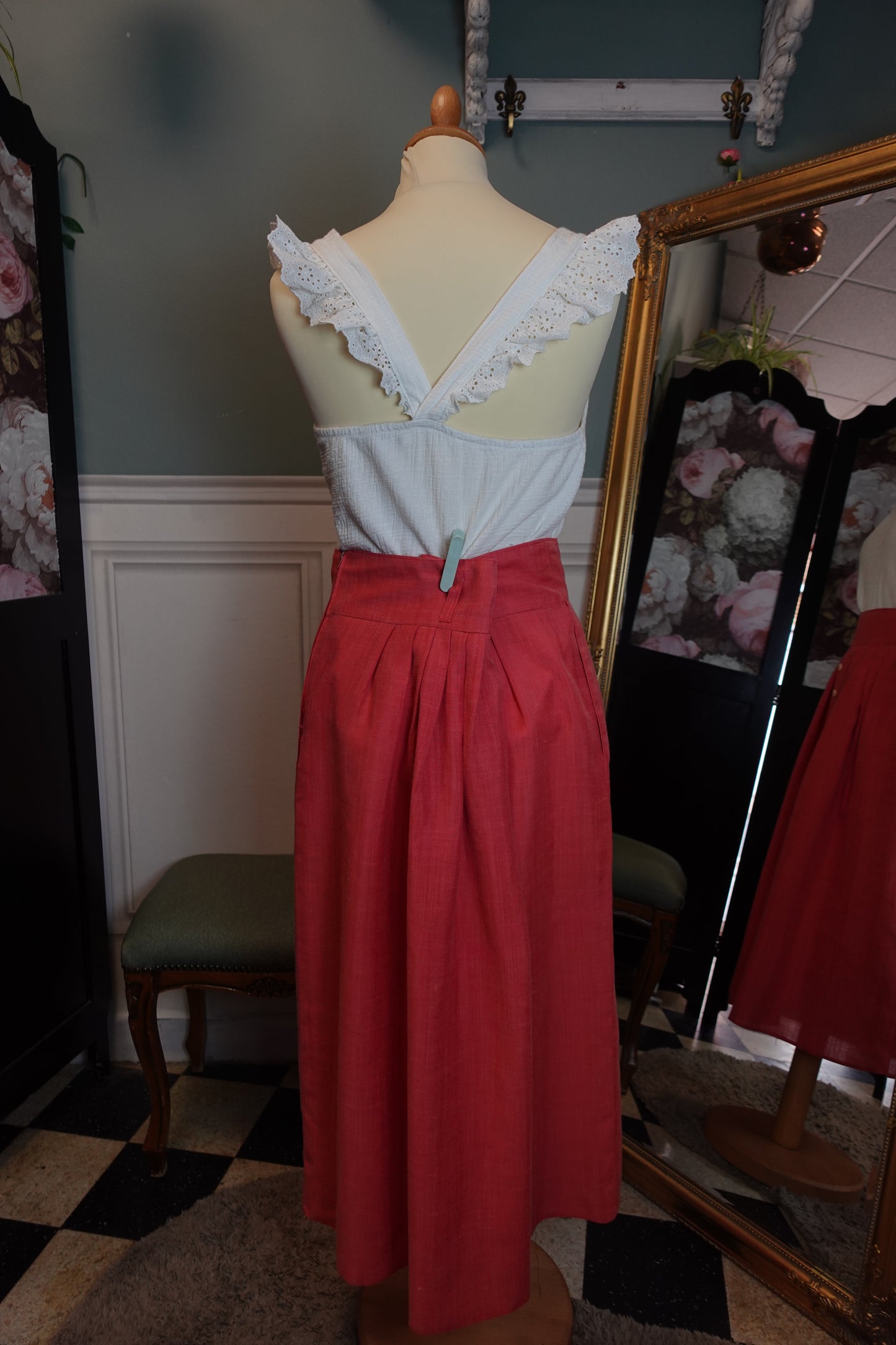 Jupe vintage rose taille haute en lin mélangé