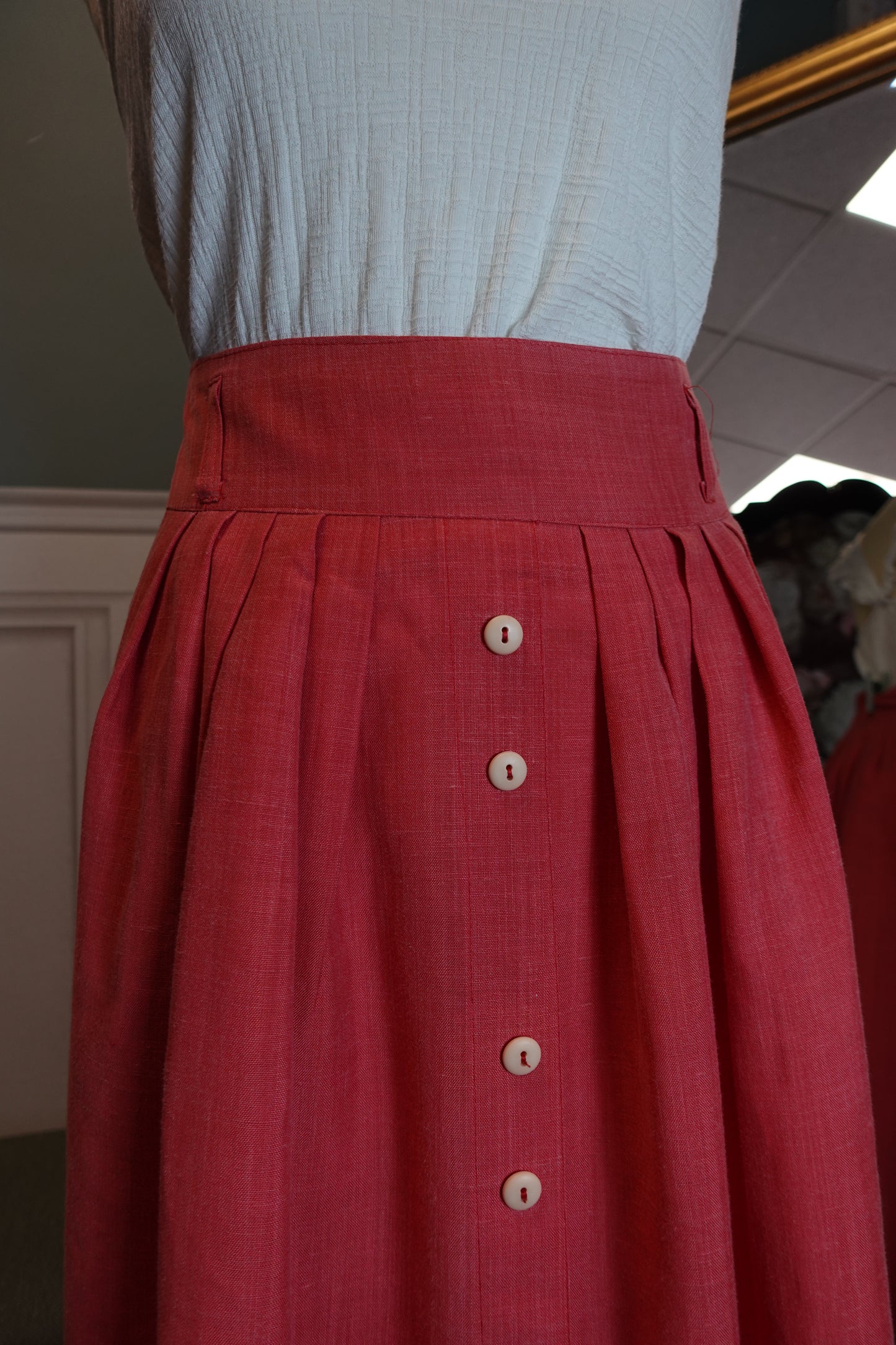 Jupe vintage rose taille haute en lin mélangé