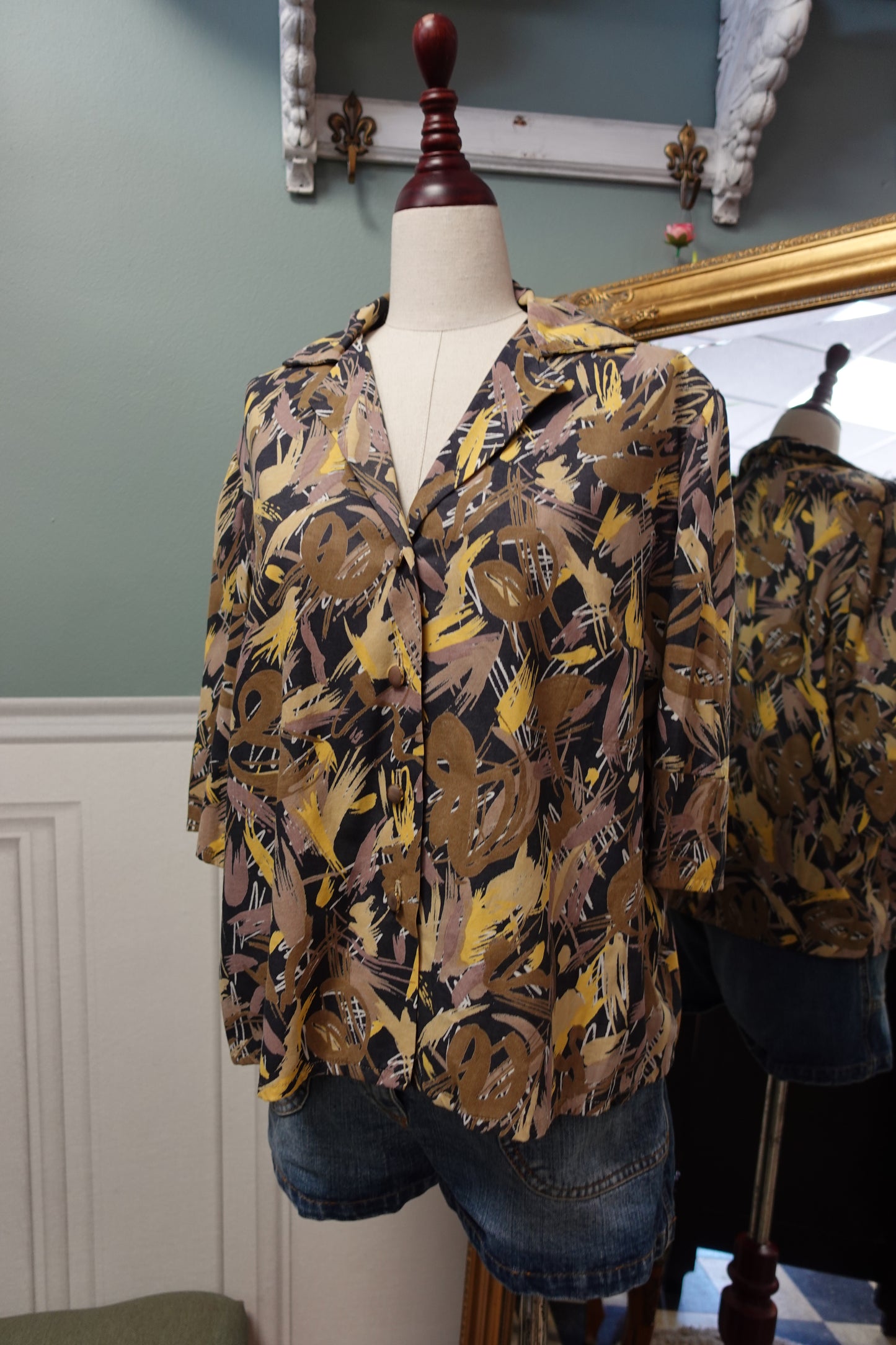 Chemise Vintage Fait Main Imprimé Arty Marron & Jaune – 100% Coton