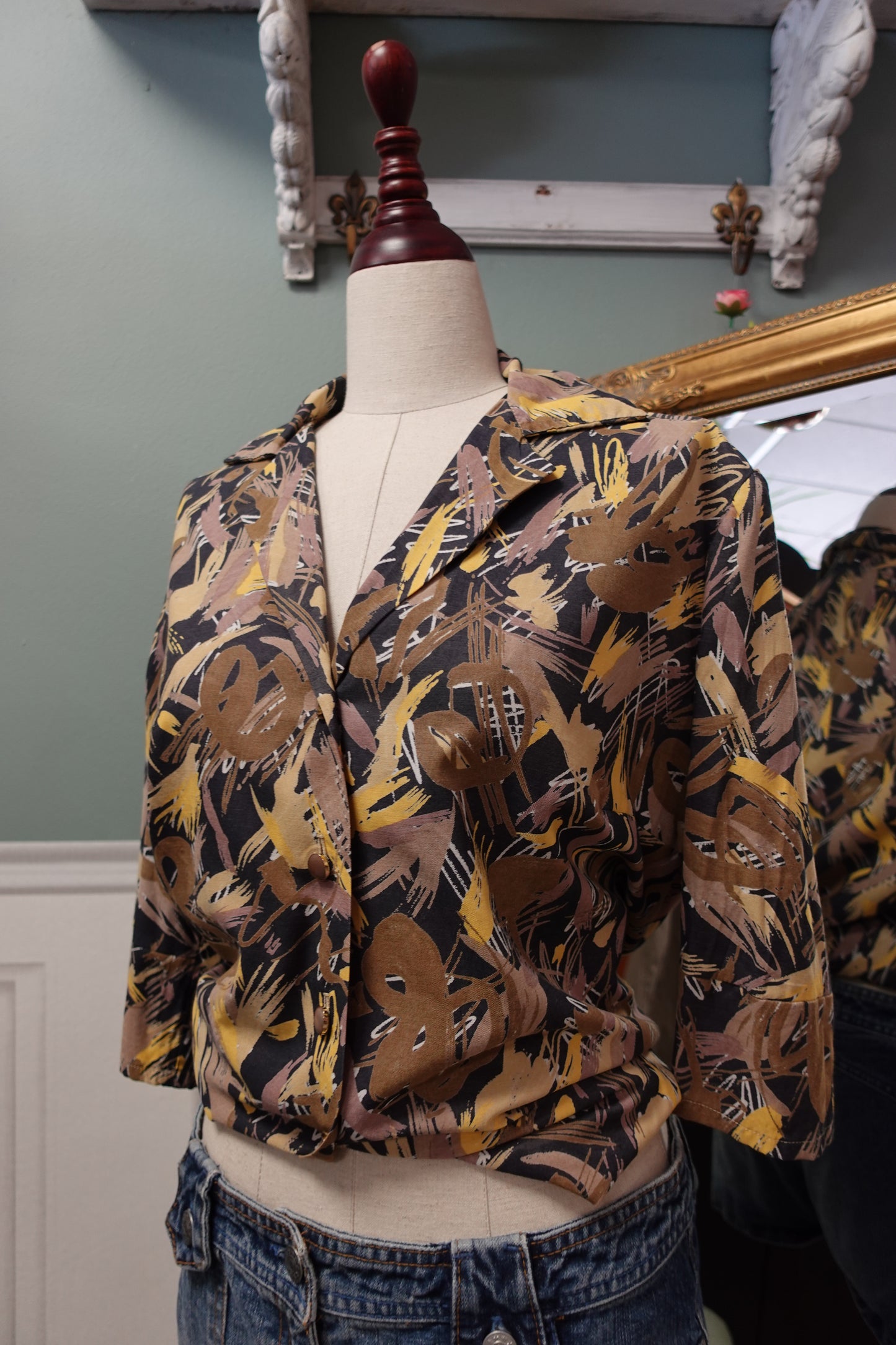 Chemise Vintage Fait Main Imprimé Arty Marron & Jaune – 100% Coton