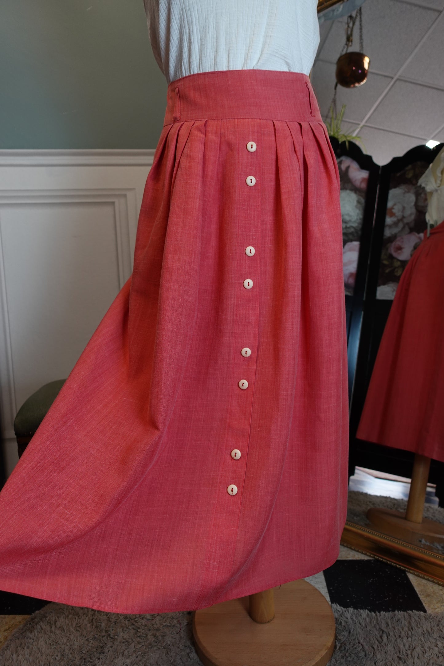 Jupe vintage rose taille haute en lin mélangé