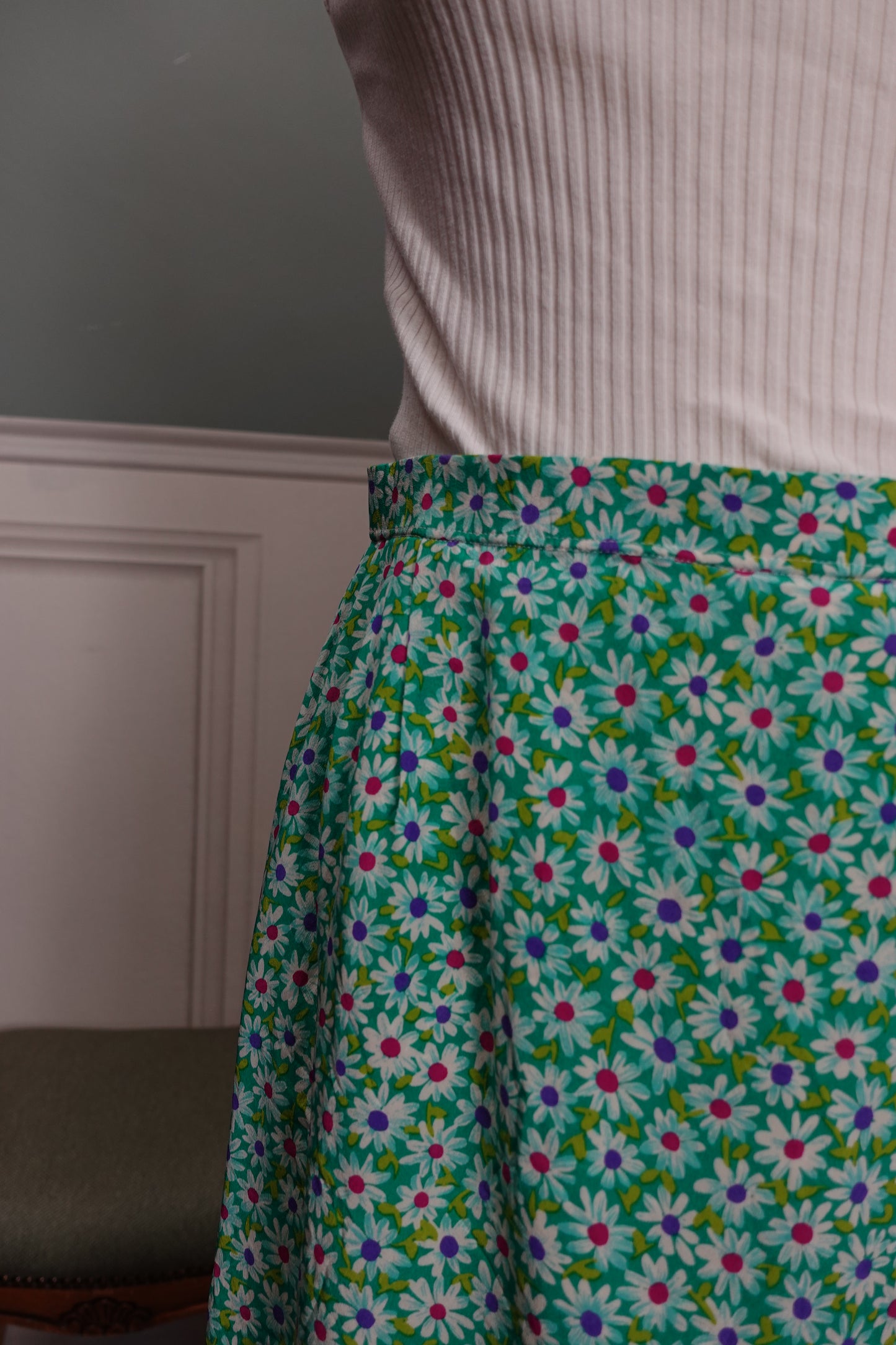 Jupe vintage verte à fleurs – Mi-longue doublée