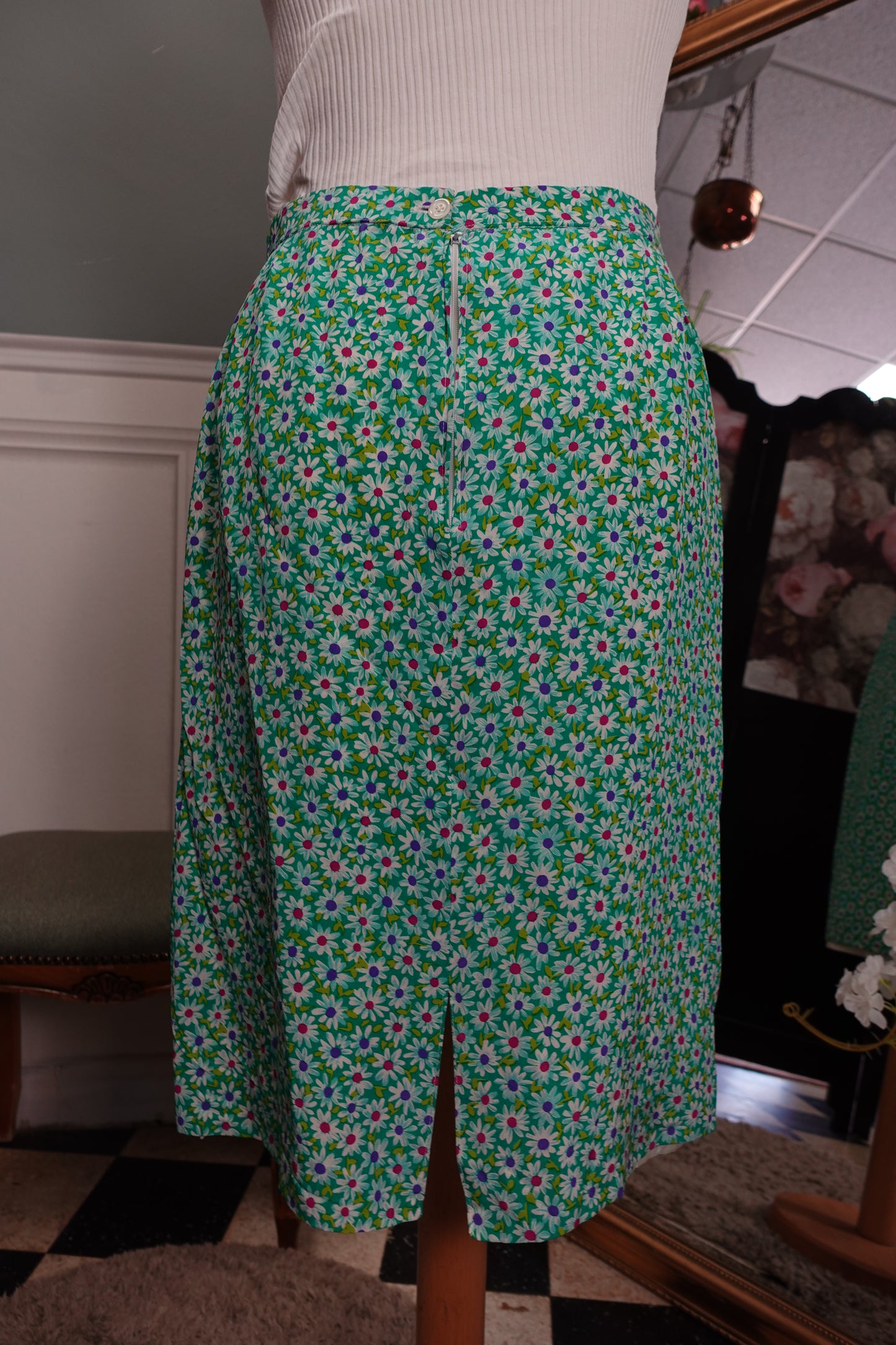 Jupe vintage verte à fleurs – Mi-longue doublée