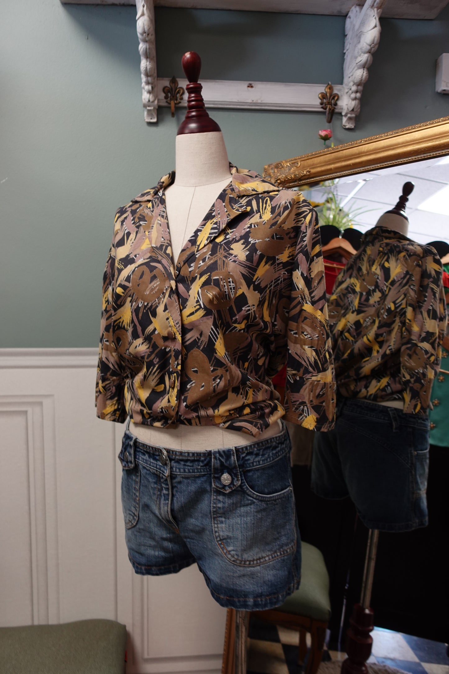 Chemise Vintage Fait Main Imprimé Arty Marron & Jaune – 100% Coton