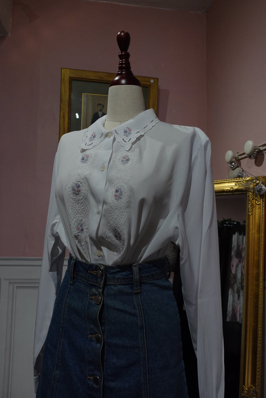 Chemisier Vintage Romantique Blanc - Broderies Fleuries & Col Festonné