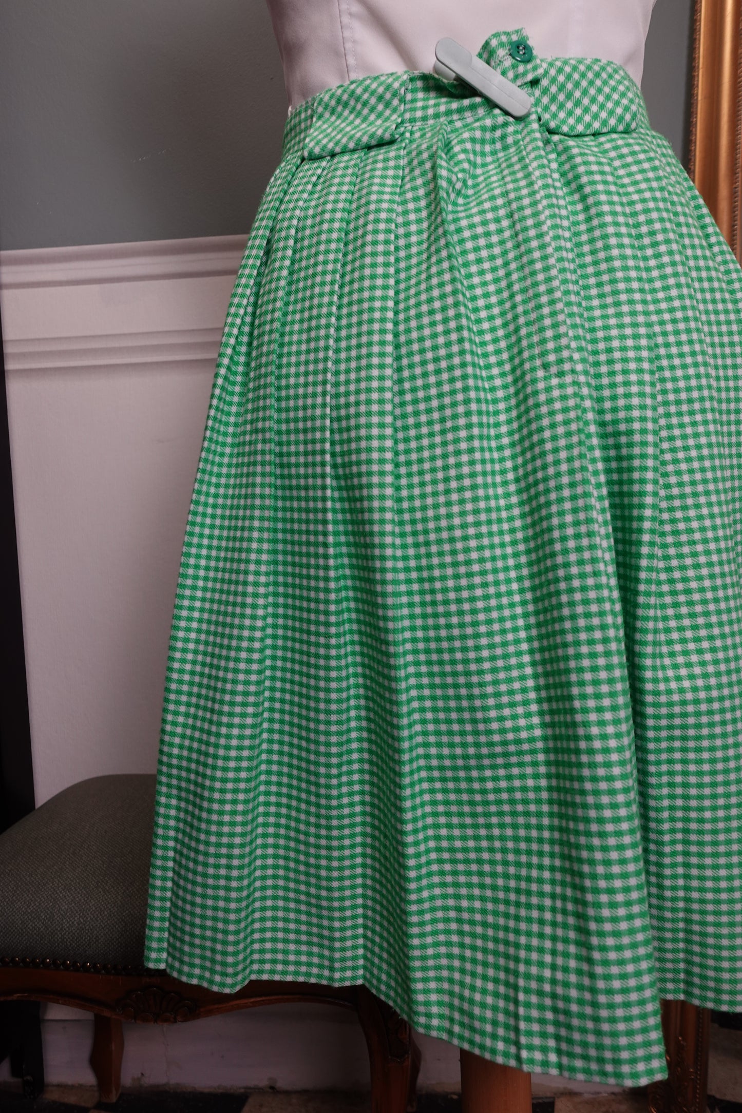 Jupe patineuse vintage verte à motif pied-de-poule – Fabriquée en France