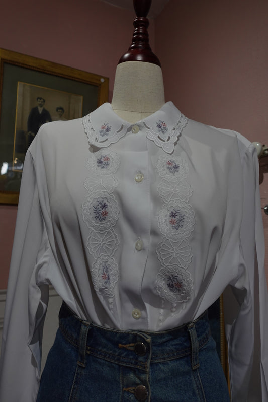 Chemisier Vintage Romantique Blanc - Broderies Fleuries & Col Festonné