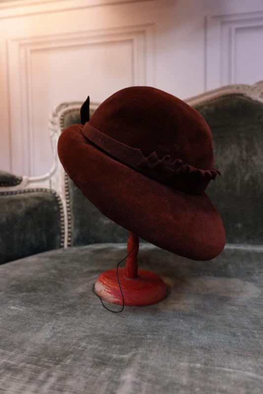 Chapeau Vintage en Feutre Velours Marron - Style "Toque" à Poser (Petit Tour / Bibi)