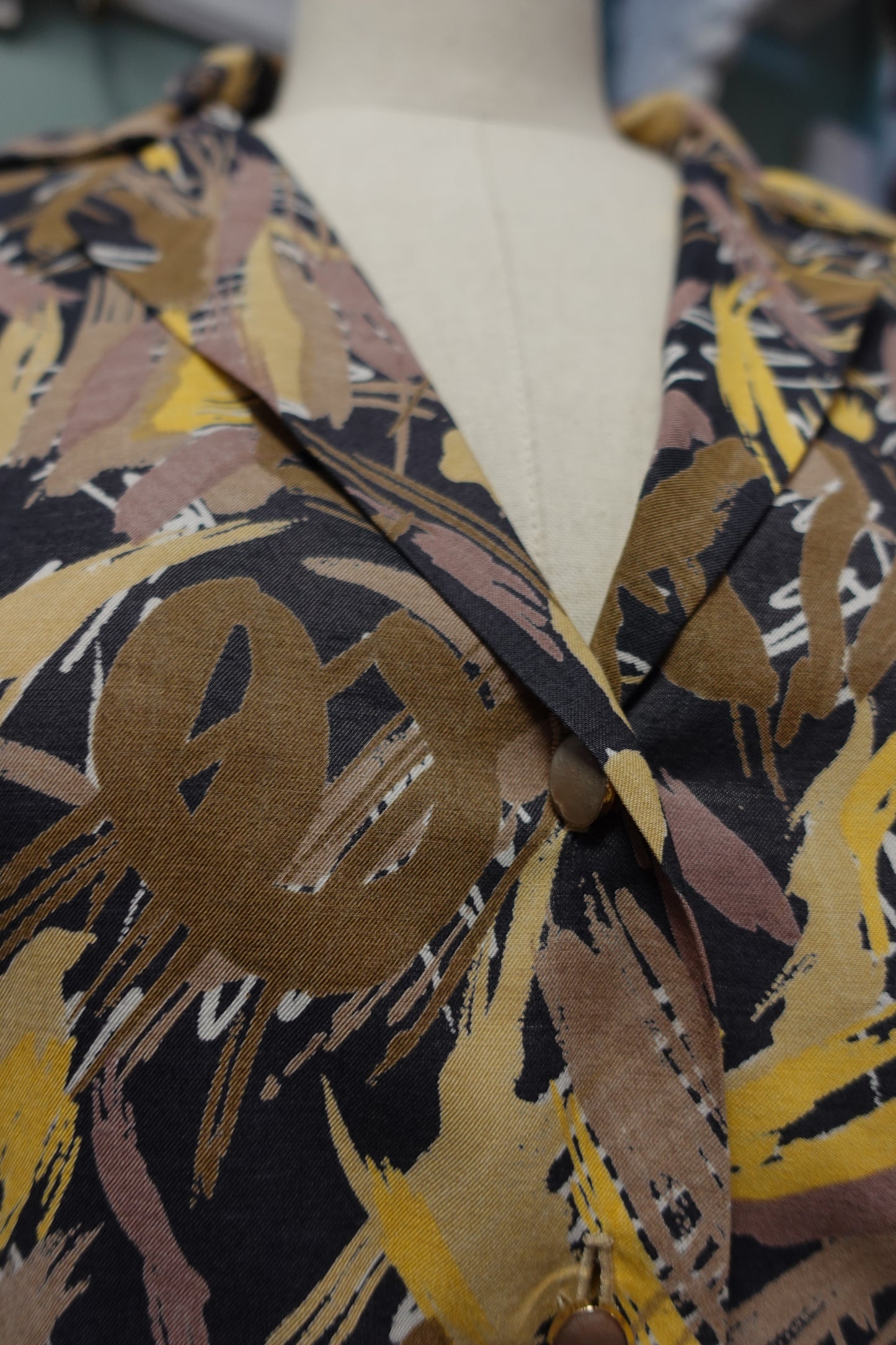 Chemise Vintage Fait Main Imprimé Arty Marron & Jaune – 100% Coton