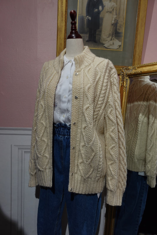 Gilet Vintage Fait Main en Grosse Maille Torsadée - Beige Avoine