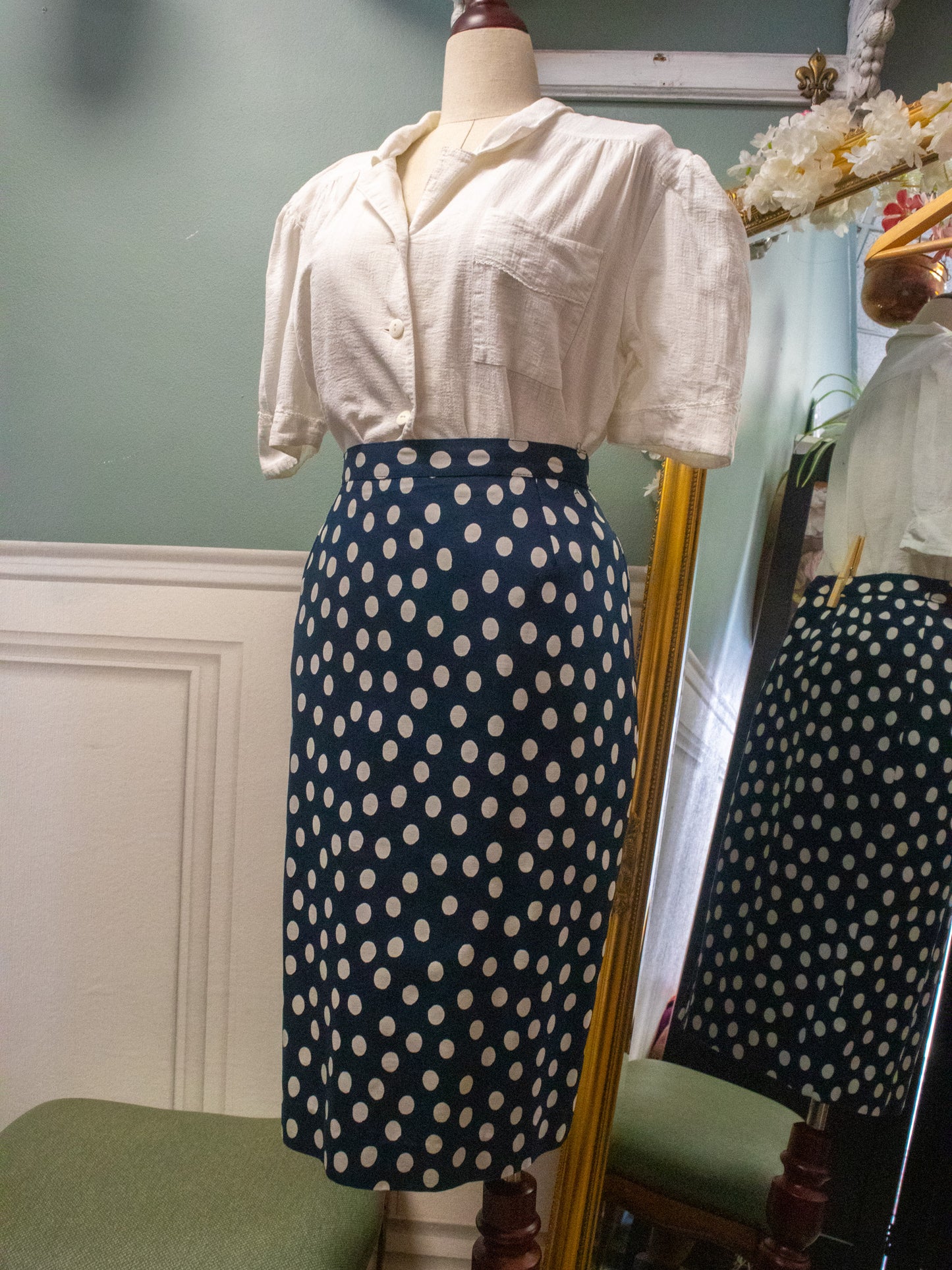 Jupe Midi Trapèze "Bardot" à Pois — Bleu Marine Rétro