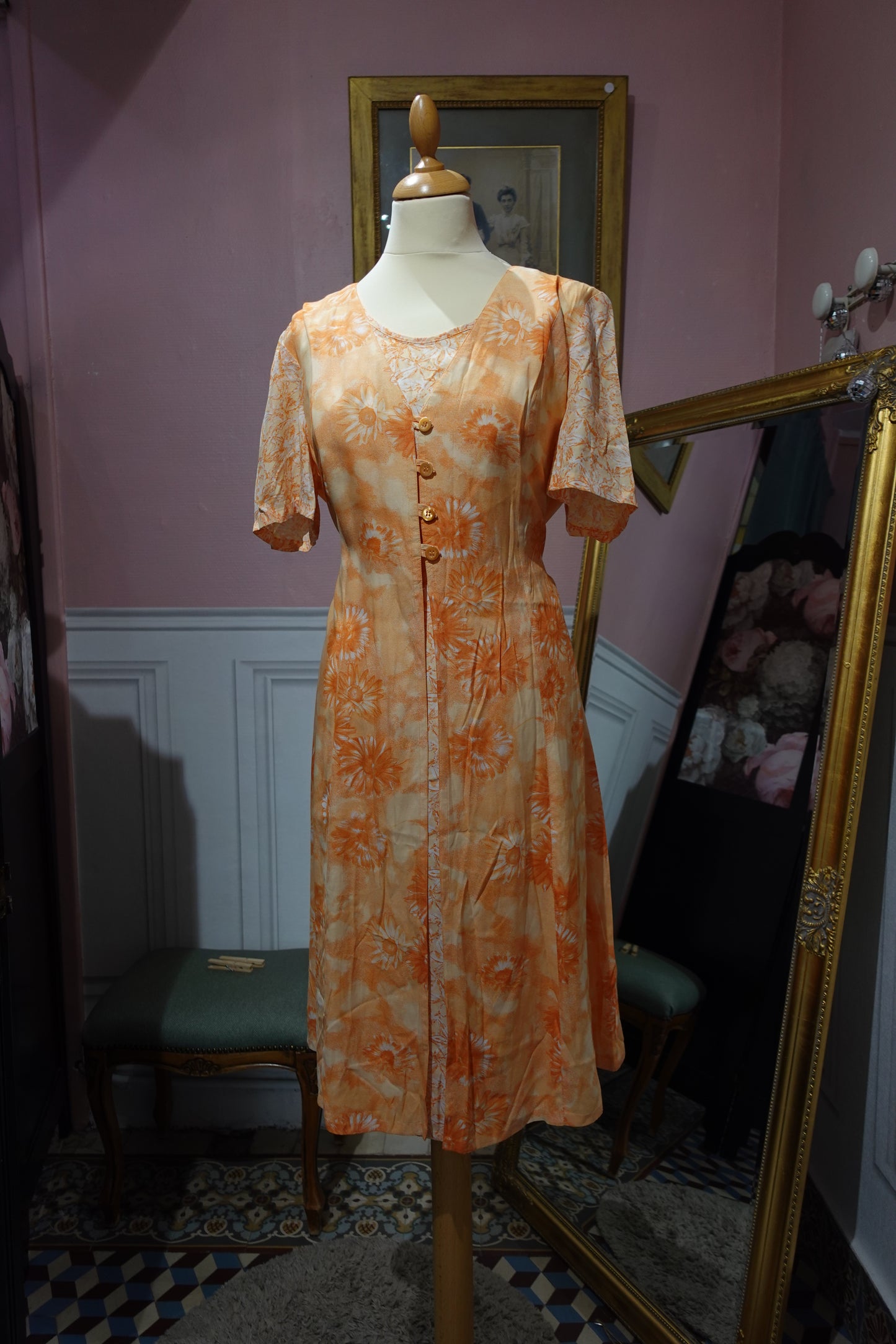 Robe Midi Vintage "Mandarine Florale" – Ajustable & Fluide