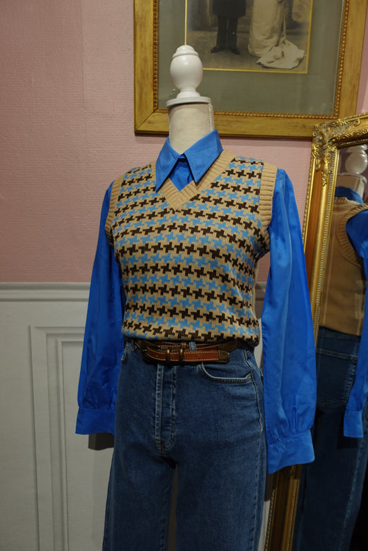 Pull sans Manches "Preppy" - Motif Graphique Beige & Bleu