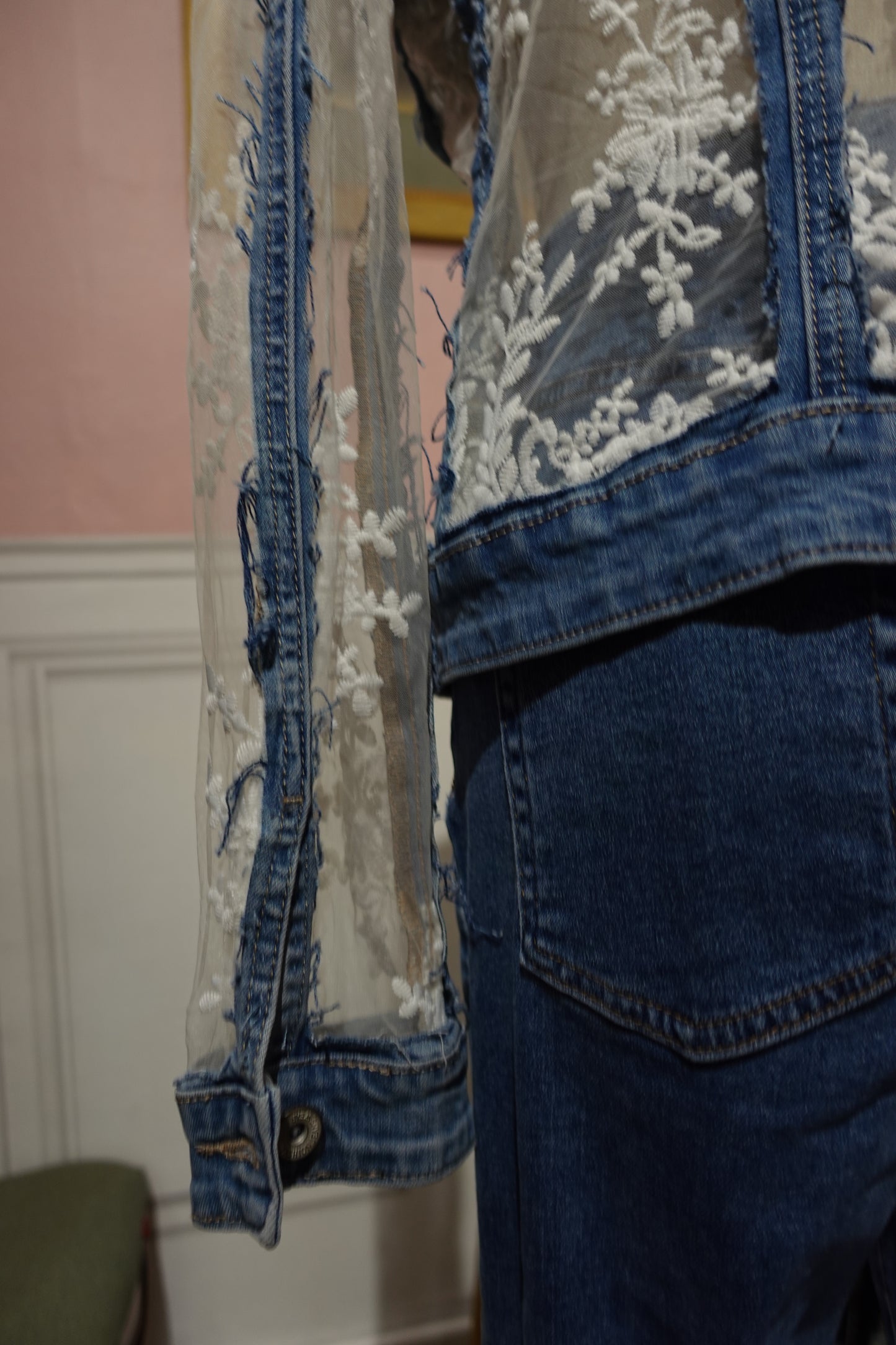 Veste en Jean & Dentelle Vintage - Jeux de Transparence - Taille S