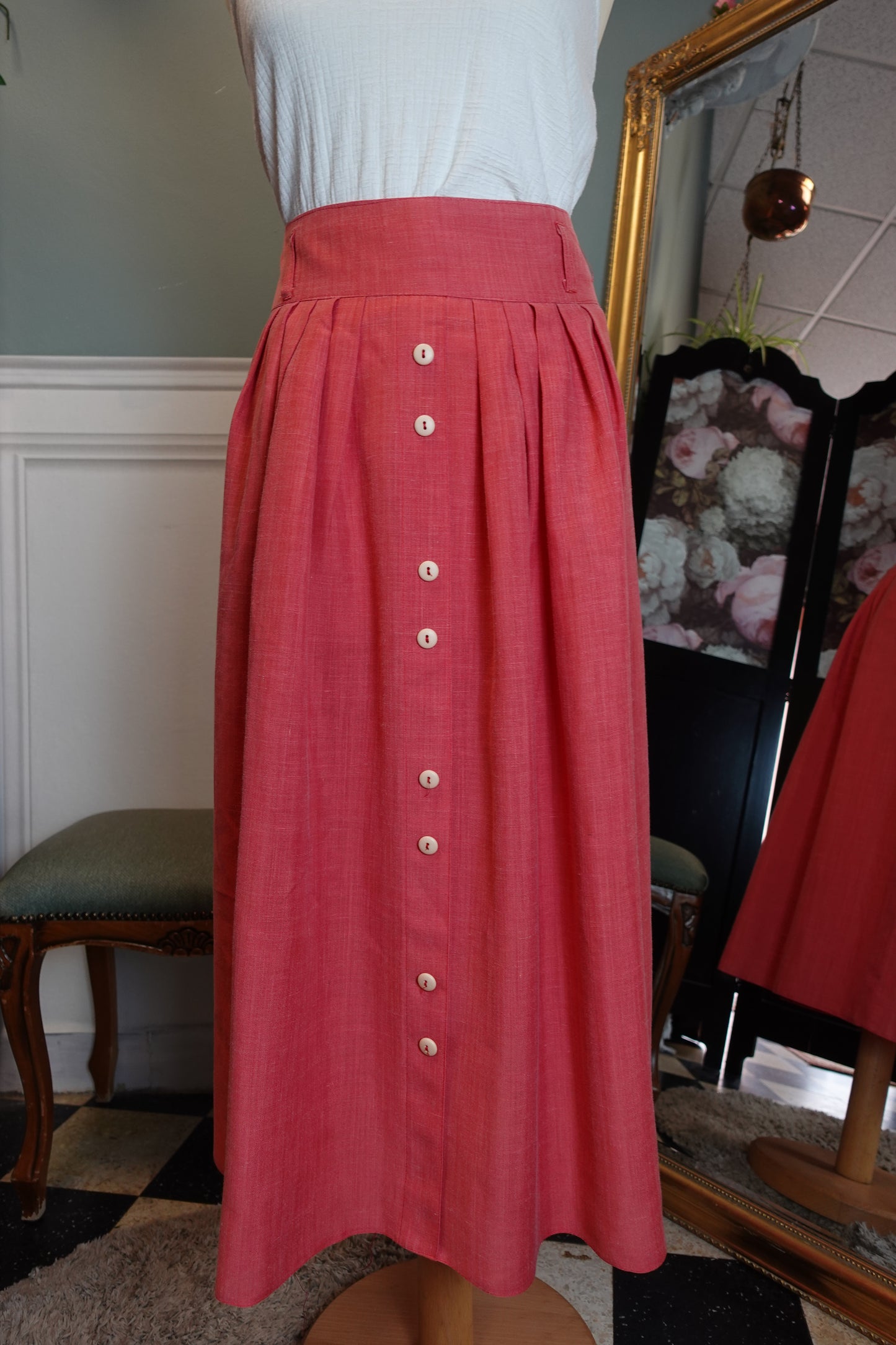 Jupe vintage rose taille haute en lin mélangé
