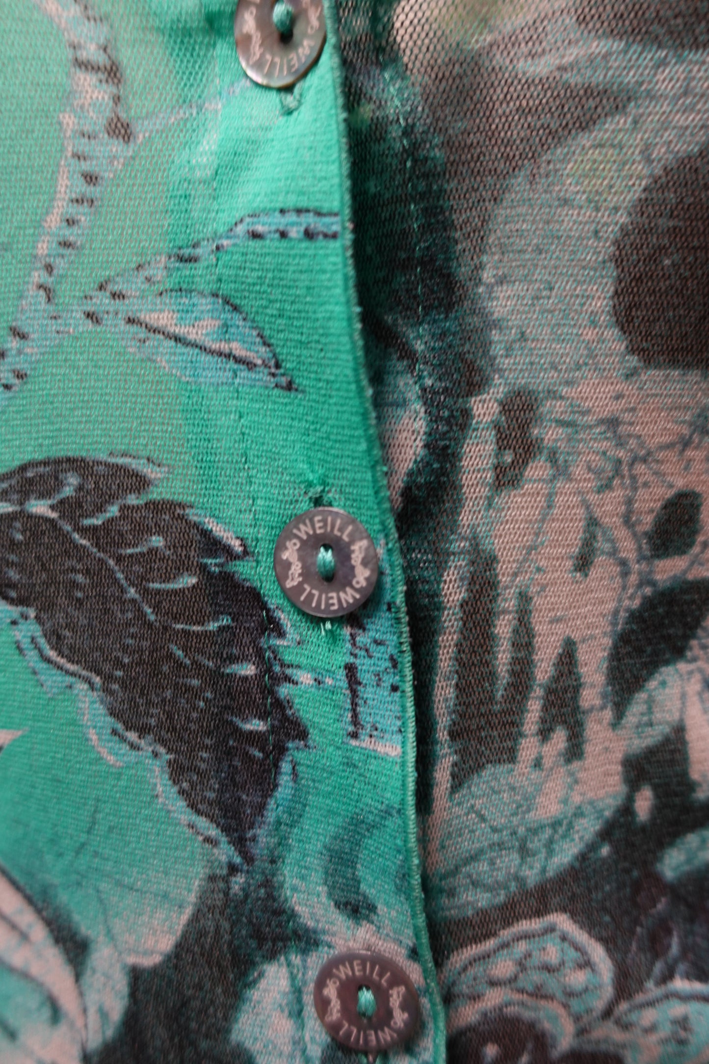 Haut vintage Weill en maille transparente verte à imprimé artistique – Taille 40