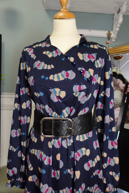 Robe vintage bleu marine à imprimé feuillage – Made in France