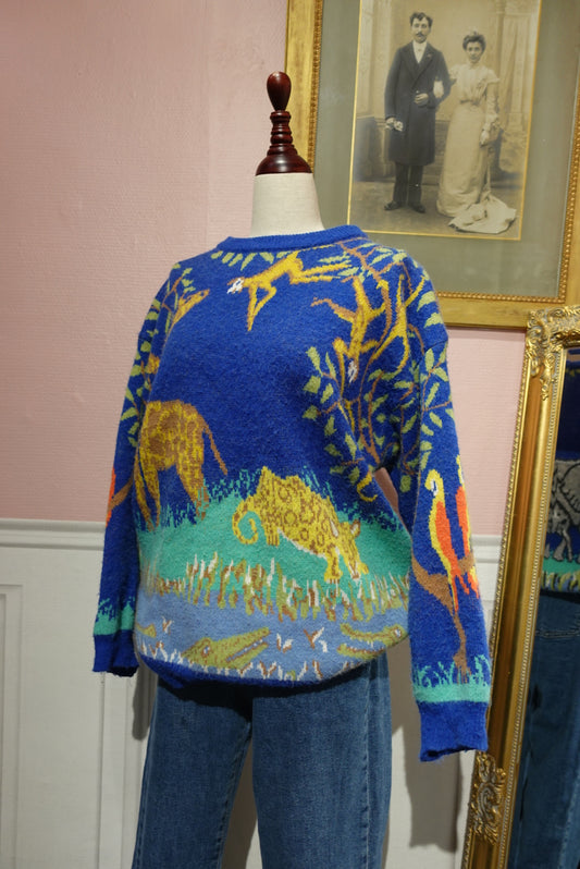 Pull Vintage Fait Main "Safari Savane" - Jacquard Animaux & Laine Épaisse