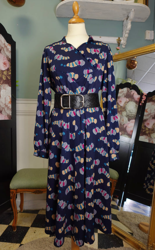 Robe vintage bleu marine à imprimé feuillage – Made in France