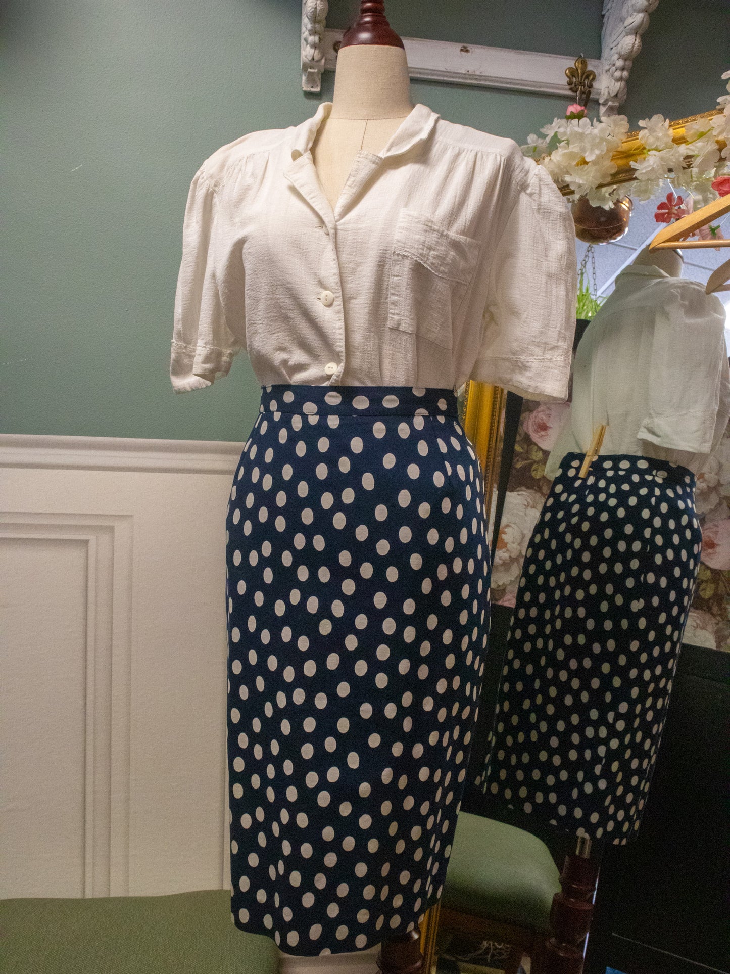 Jupe Midi Trapèze "Bardot" à Pois — Bleu Marine Rétro