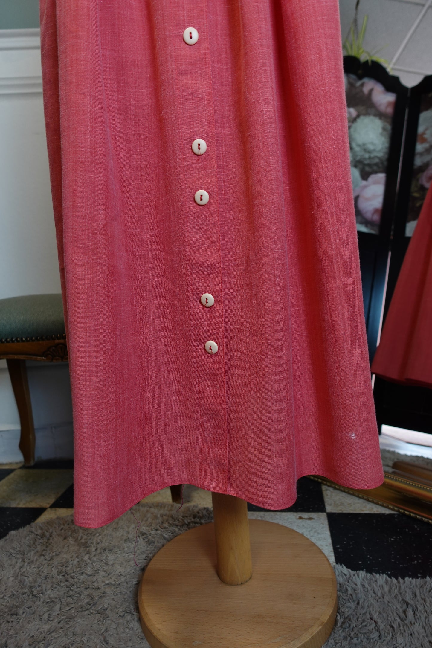 Jupe vintage rose taille haute en lin mélangé