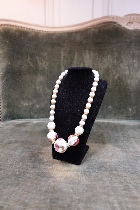 Collier Vintage Romantique - Perles Porcelaine Peintes Main - Roses & Dorure