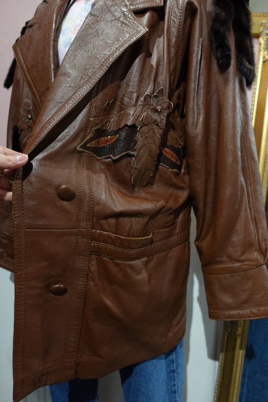 Veste Longue en Cuir Vintage 80s - Patchwork Floral & Manches Bouffantes