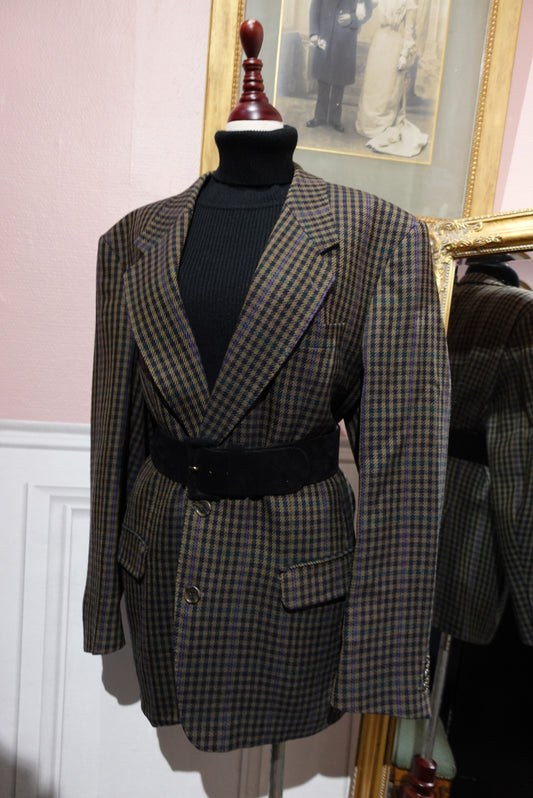 Blazer Vintage "Elastovest" - Pied-de-Poule Beige, Marine & Violet - Coupe Homme Oversize