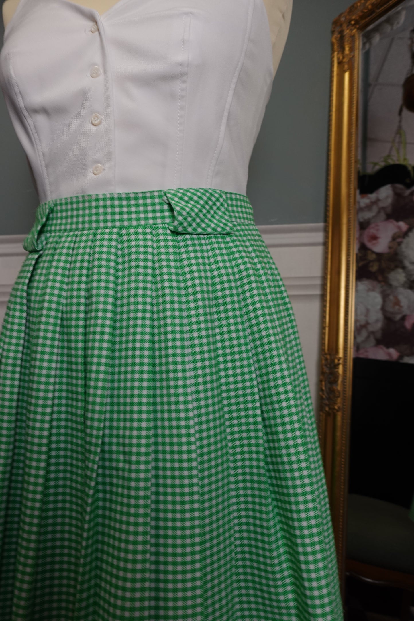 Jupe patineuse vintage verte à motif pied-de-poule – Fabriquée en France