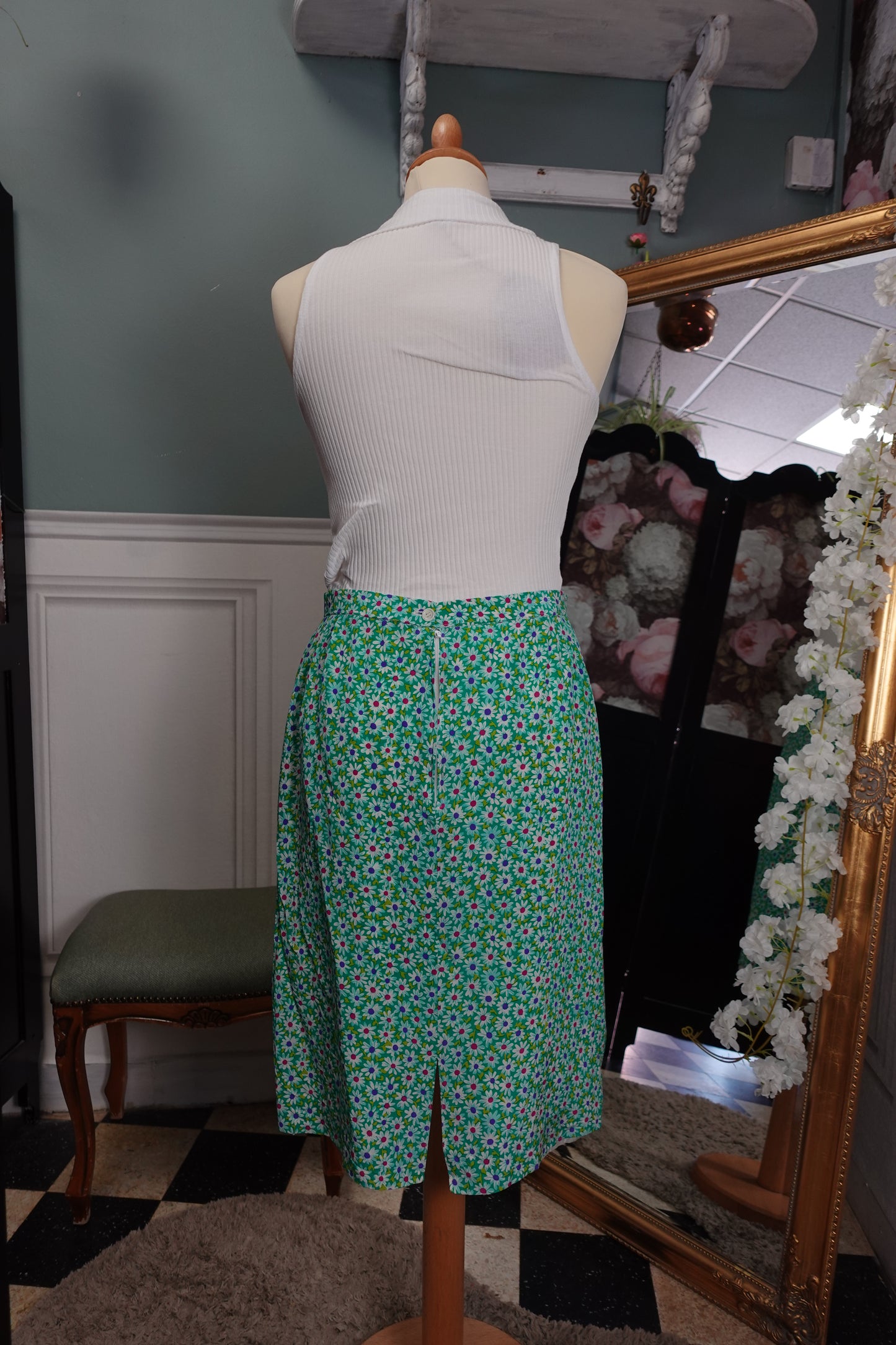 Jupe vintage verte à fleurs – Mi-longue doublée