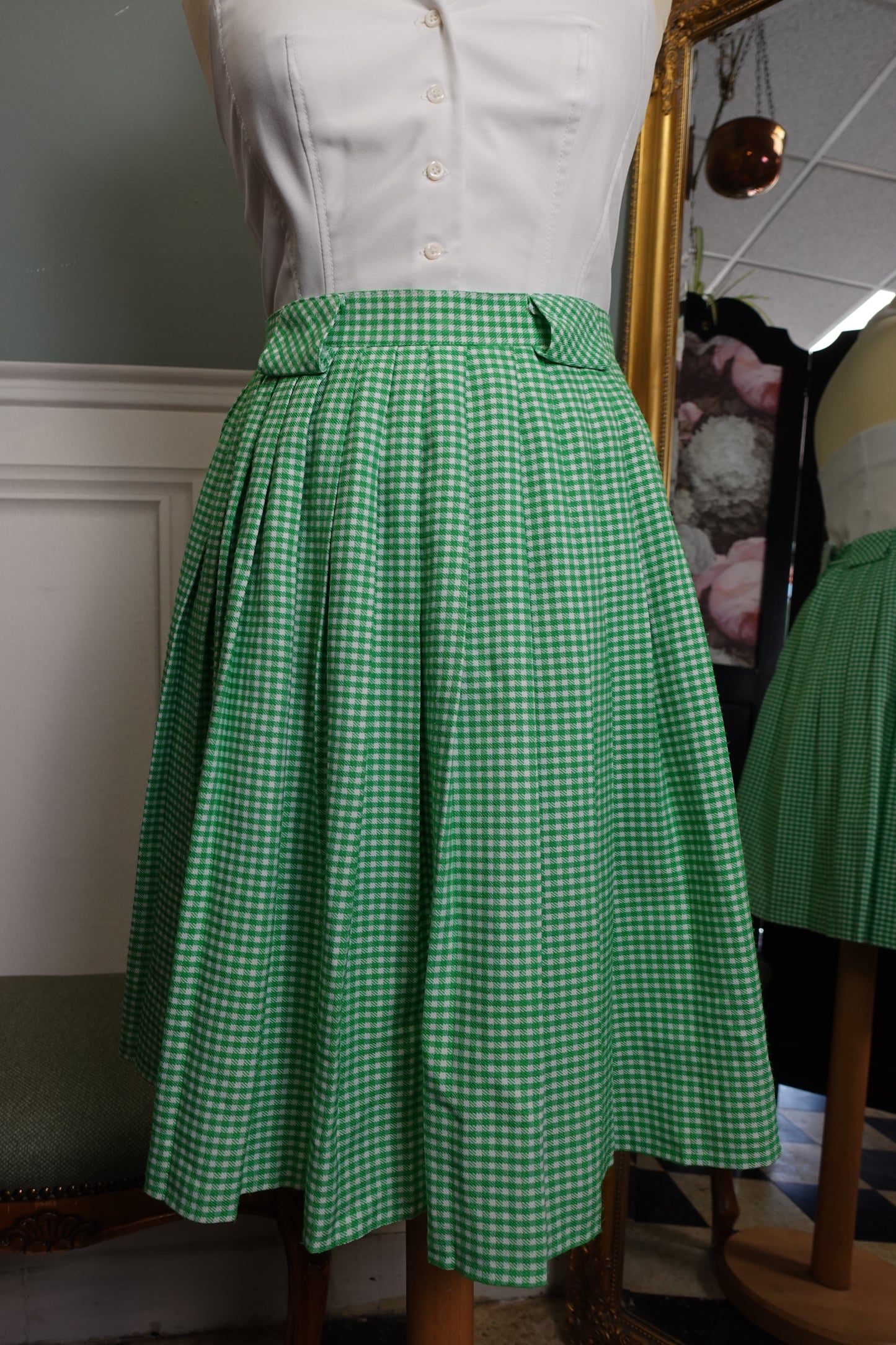 Jupe patineuse vintage verte à motif pied-de-poule – Fabriquée en France