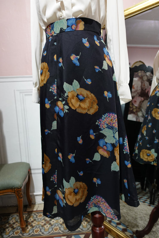 Jupe Midi Vintage "Fait Main" - Fond Noir & Fleurs Colorées