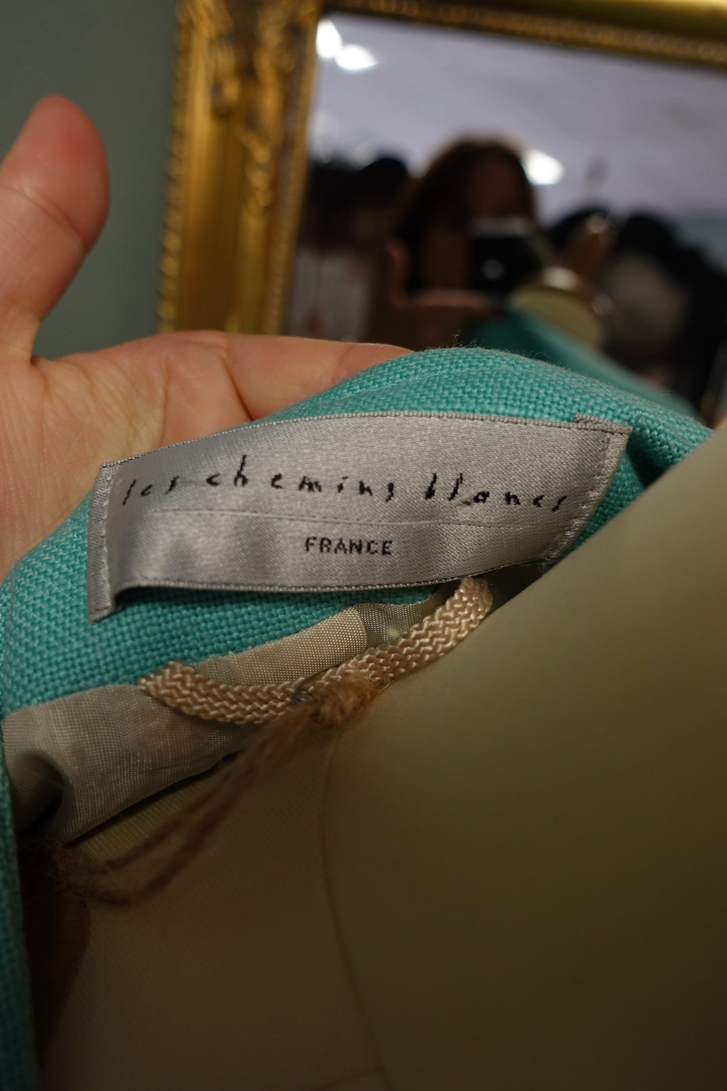 Veste tailleur vintage turquoise à boutons fleurs – Les Chemises Blanches France – Taille 38
