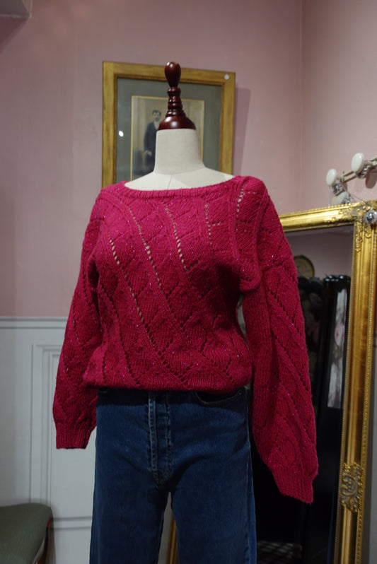 Pull Vintage en Maille Ajourée - Rose Fuchsia & Manches Ballon
