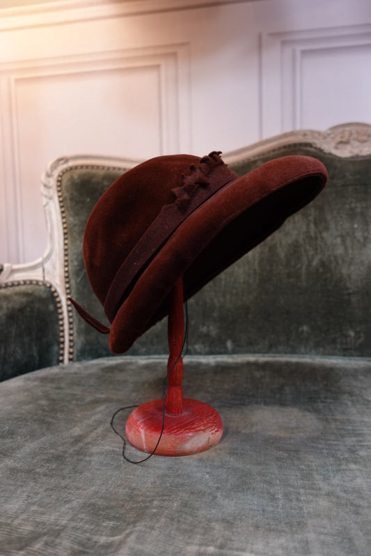 Chapeau Vintage en Feutre Velours Marron - Style "Toque" à Poser (Petit Tour / Bibi)